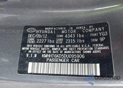 2013 Hyundai Genesis 2.0T from USA, damaged, VIN KMHHT6KD5DU095906